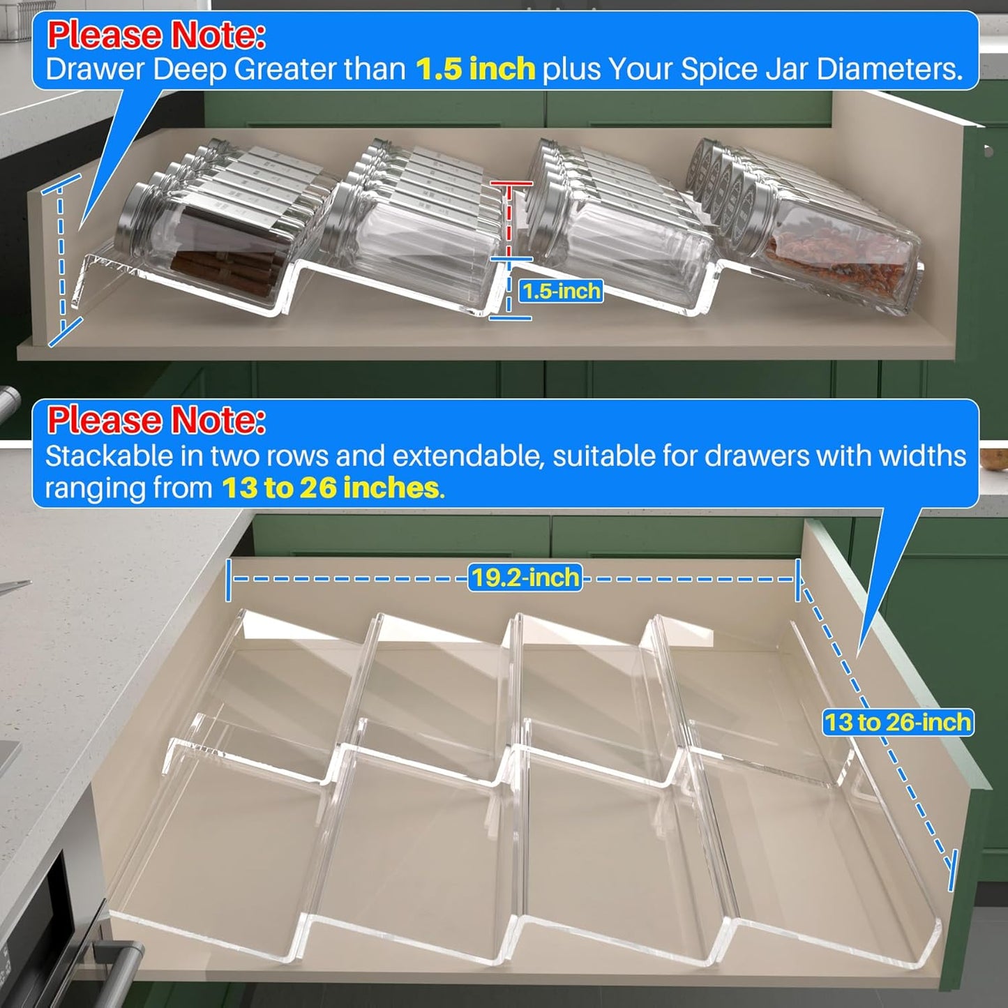 Antimbee Spice Drawer Organizer, 4 Tier- 8 Pack Kitchen Spice Rack Tray for Drawer, Expandable From 13" to 26" Acrylic Seasoning Organizer Rack Holds up 56 Spice Jars (Jars not Include)