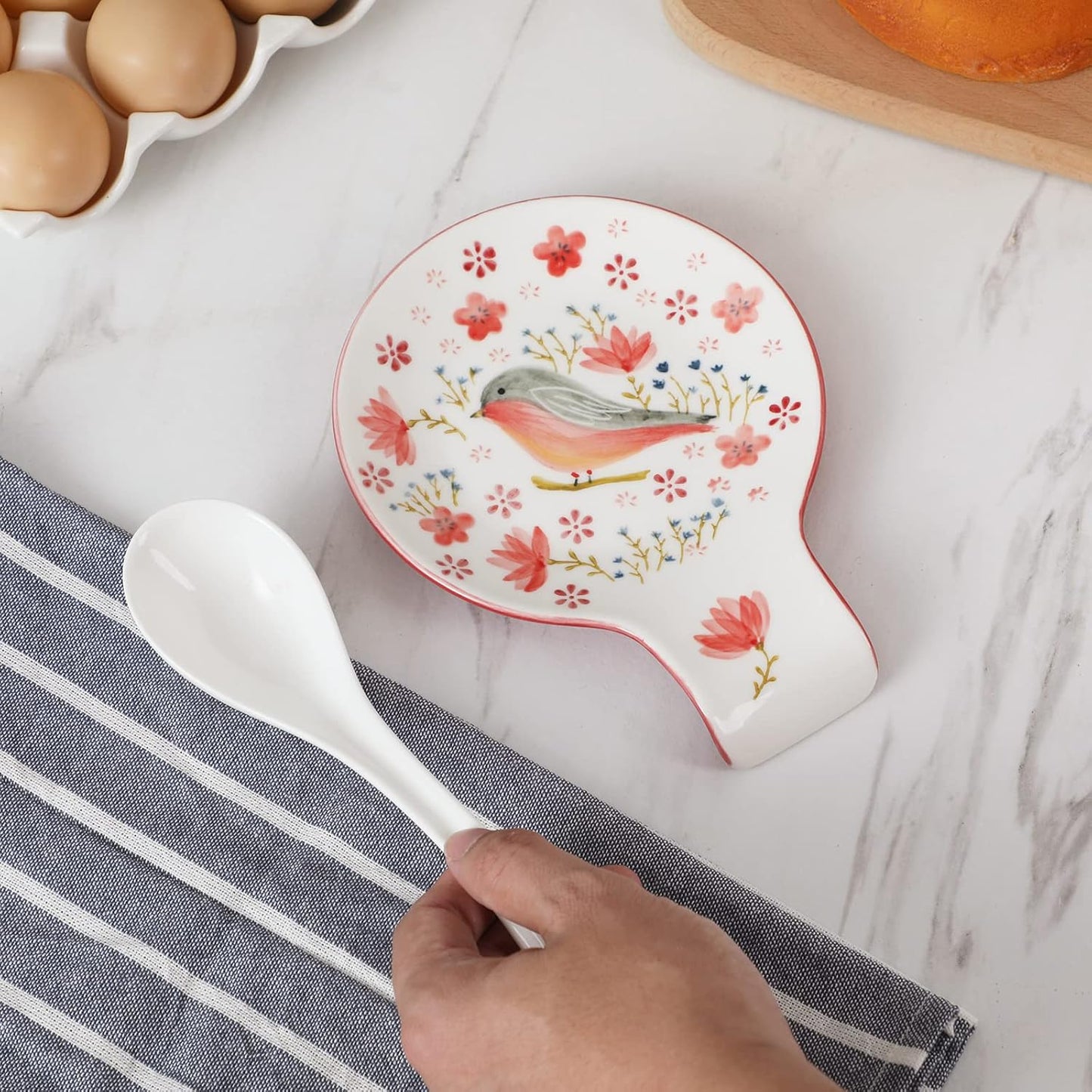 Hand Painted Spoon Rest, 5.5" Ceramic Spoon Holder for Stove Top and Kitchen Counter, Red Spring Bird Utensil Rest, Great Cooking Gifts for Bird Lover/Friend, Modern Kitchen Decorative