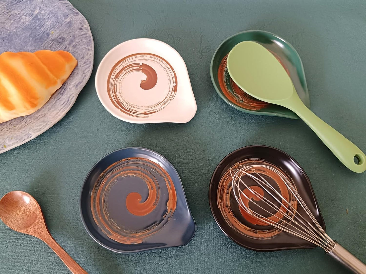 Ceramic Spoon Rest for Stove Top, Hand Painted Brown Swirl Spoon Rest for Kitchen Counter, Retro Cooking Spoon Holder for Kitchen Counter, Utensil Rest for Spatula Ladle or Tong (Navy Blue)
