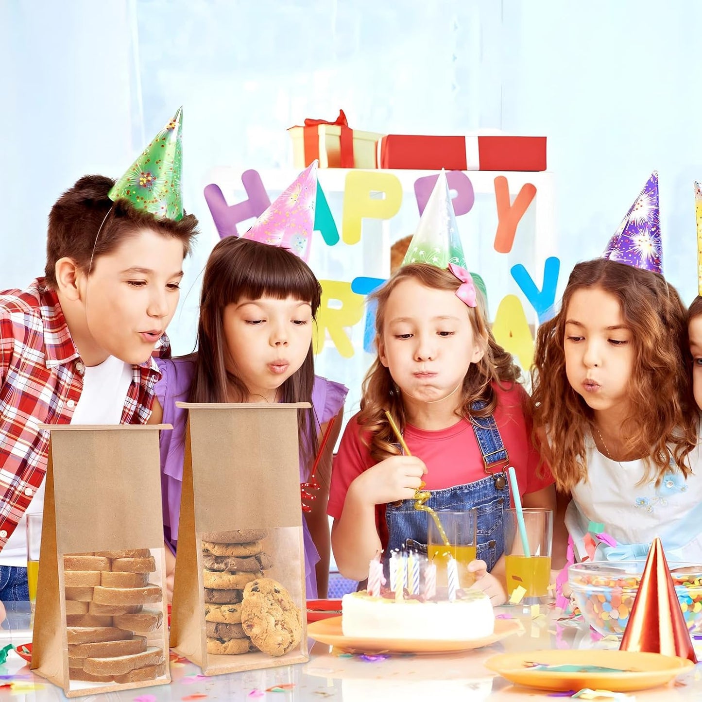 Tobeelec 100 Pcs Brown Kraft Paper Bread Bags with Window, Tin Tape Lock, Eco-Friendly, Disposable, 11 x 4 Inches