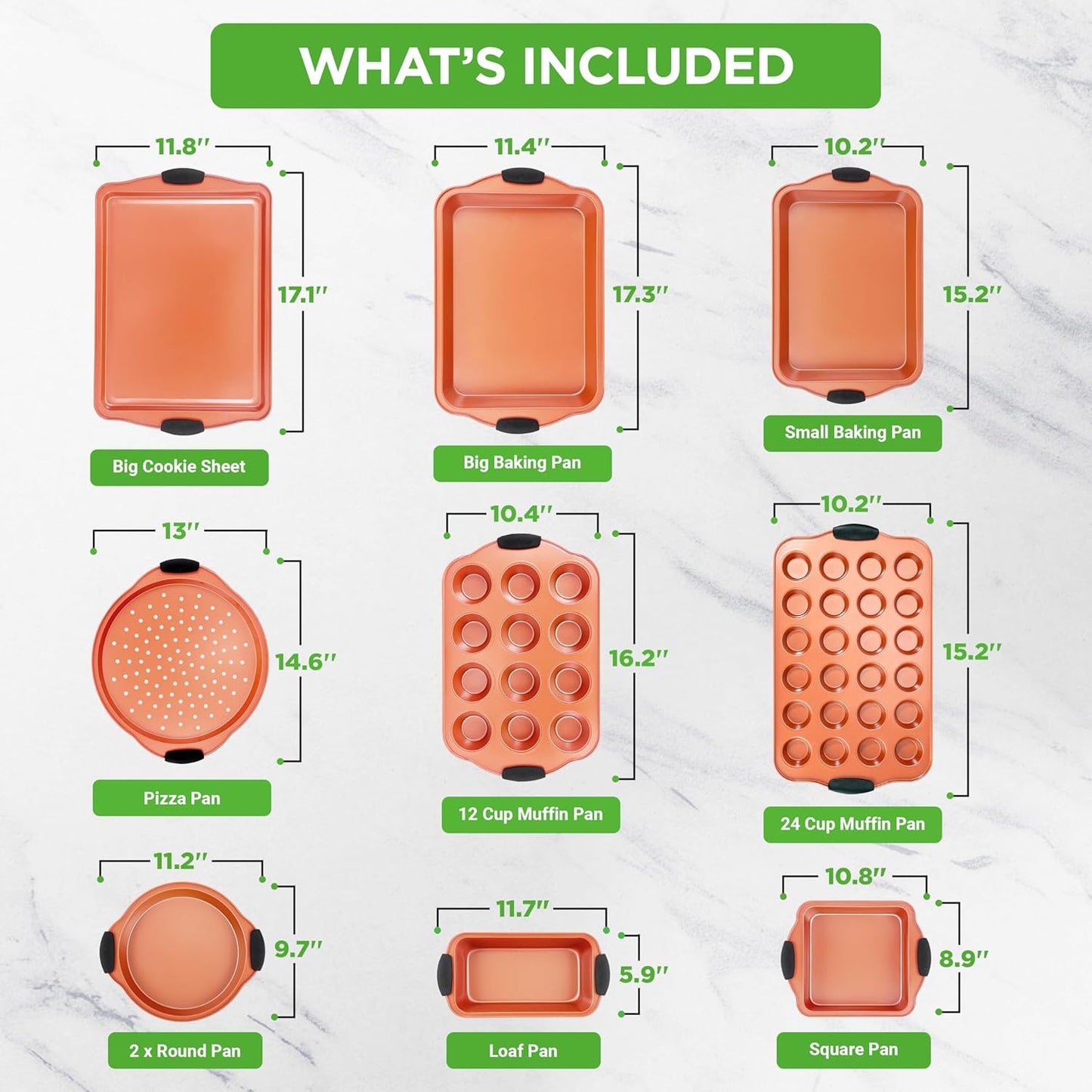 NutriChef 10-Piece Nonstick Baking Pan Set - Premium Carbon Steel Bakeware with Silicone Handles, Baking Pans, Pizza Pan, Square Pan, Loaf Pan, Cookie Sheet, Round Pan, 12/24 Cup Muffin Pan (Copper)