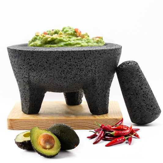 The Authentic Molcajete Mexicano Made of Lava Volcanic Rock, Set with Mortar, Pestle and Cutting Board Included - Large Molcajete 8-Inch, Molcajete de Piedra Volcánica, Molcajete for Oven (Black)