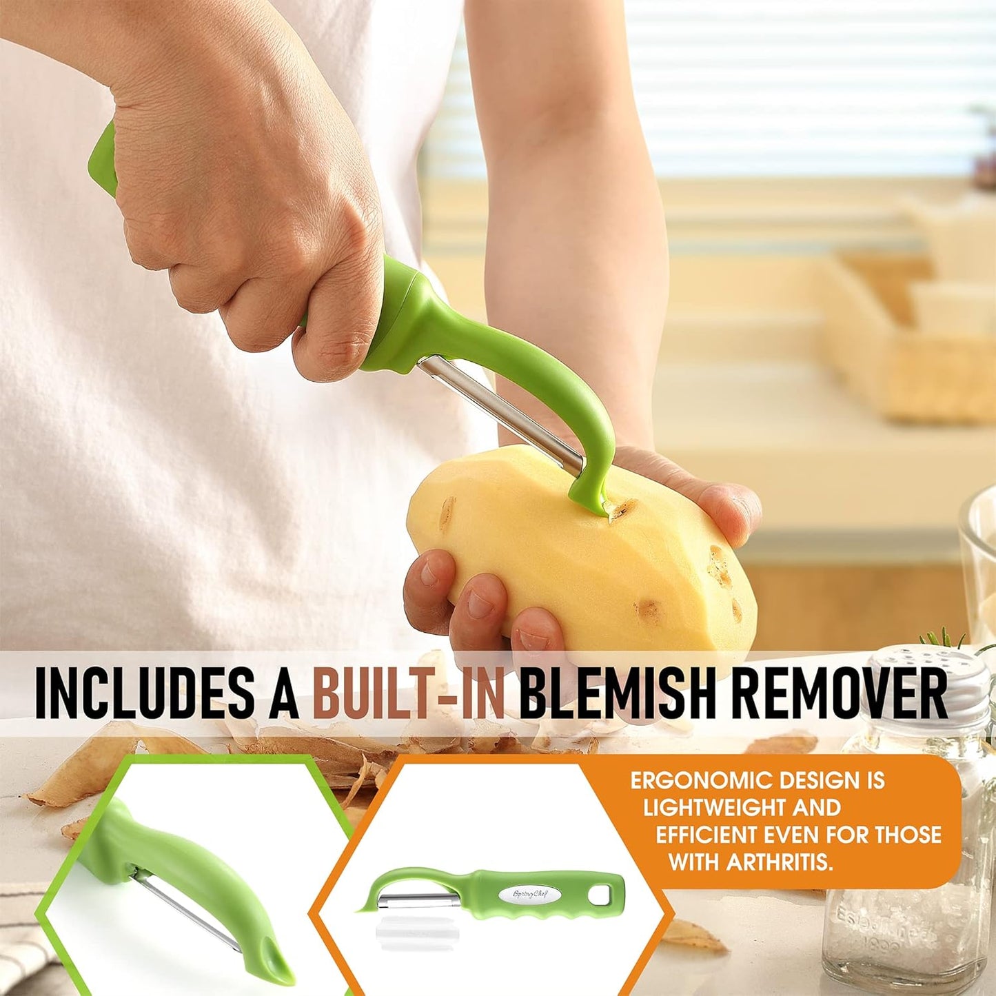 Spring Chef Premium Swivel Vegetable Peeler, Soft Grip Handle and Ultra Sharp Stainless Steel Blades - Perfect Kitchen Peeler For Veggie, Fruit, Potato, Carrot, Apple - Green