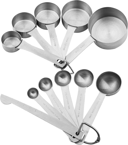 Smithcraft Stainless Steel Measuring Cups and Spoons Set 18/8(304) Steel Material Heavy Duty 5 Measuring cups and 5 Measuring Spoons 1 Leveler and 2 rings Pack 13pcs Per set