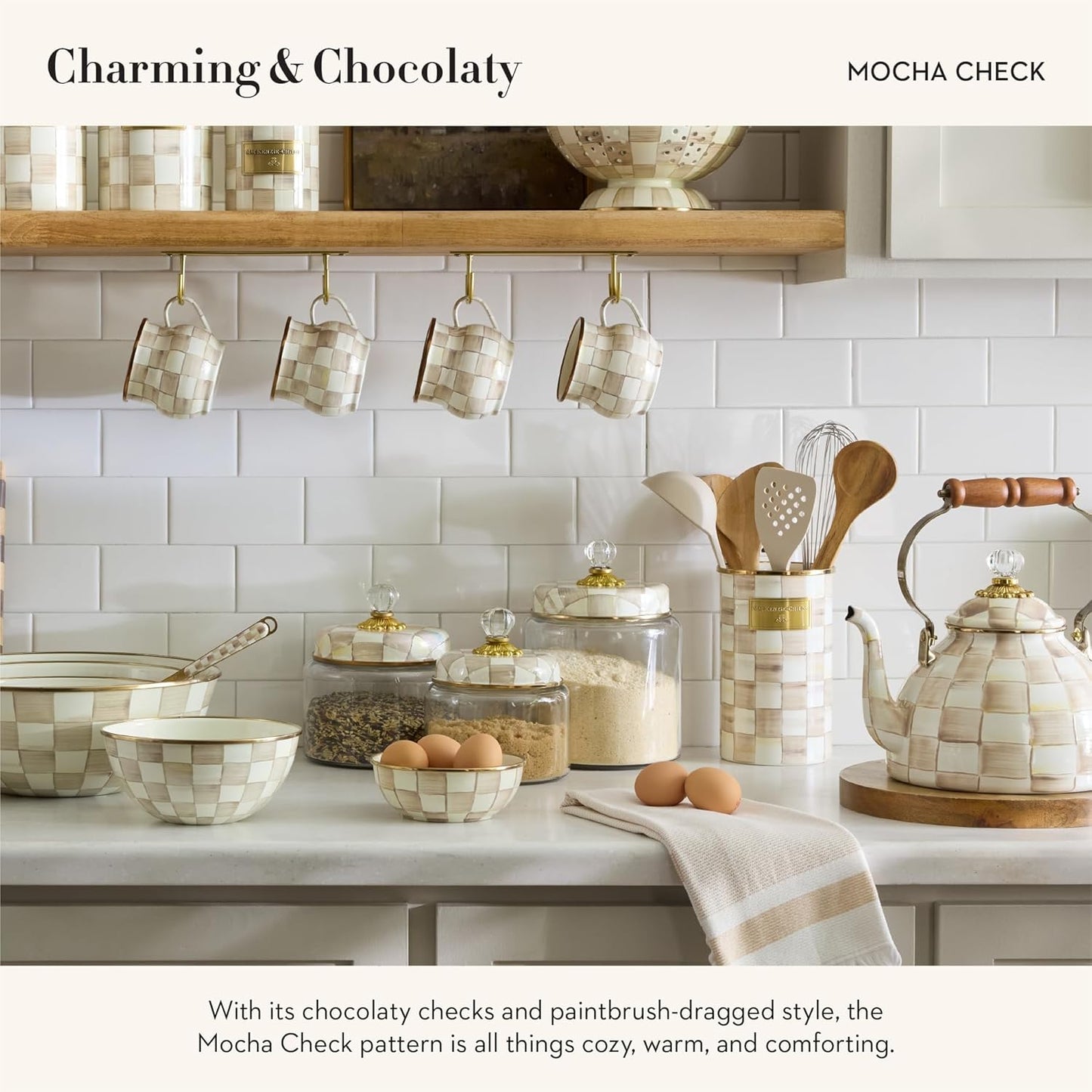 MACKENZIE-CHILDS Enamel Everyday Bowl, Serving Bowl for Entertaining, Extra Small, Brown-and-White Mocha Check