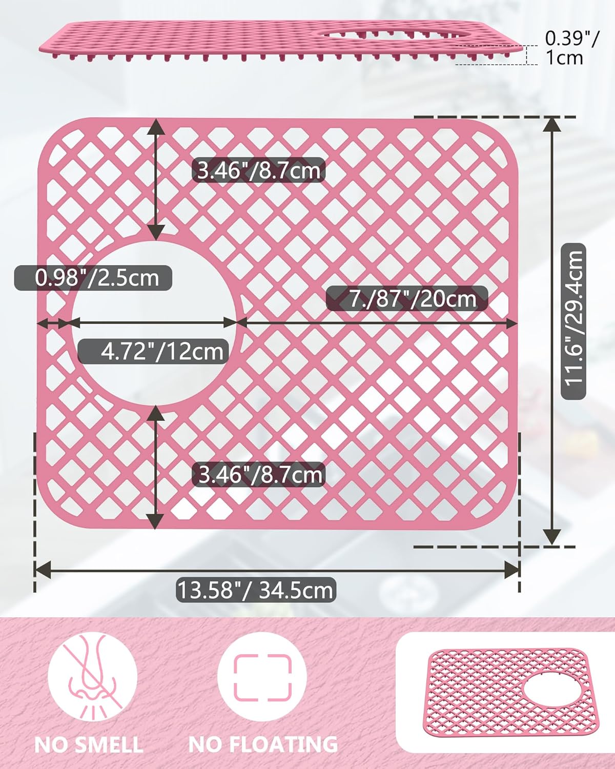 2 Pack Silicone Sink Protectors for Kitchen Sink, Lozenge Pattern 13 x 11 Inches Sink Mat, Non-Slip and Durable Sink Protector Silicone, Rear Drain, Pink