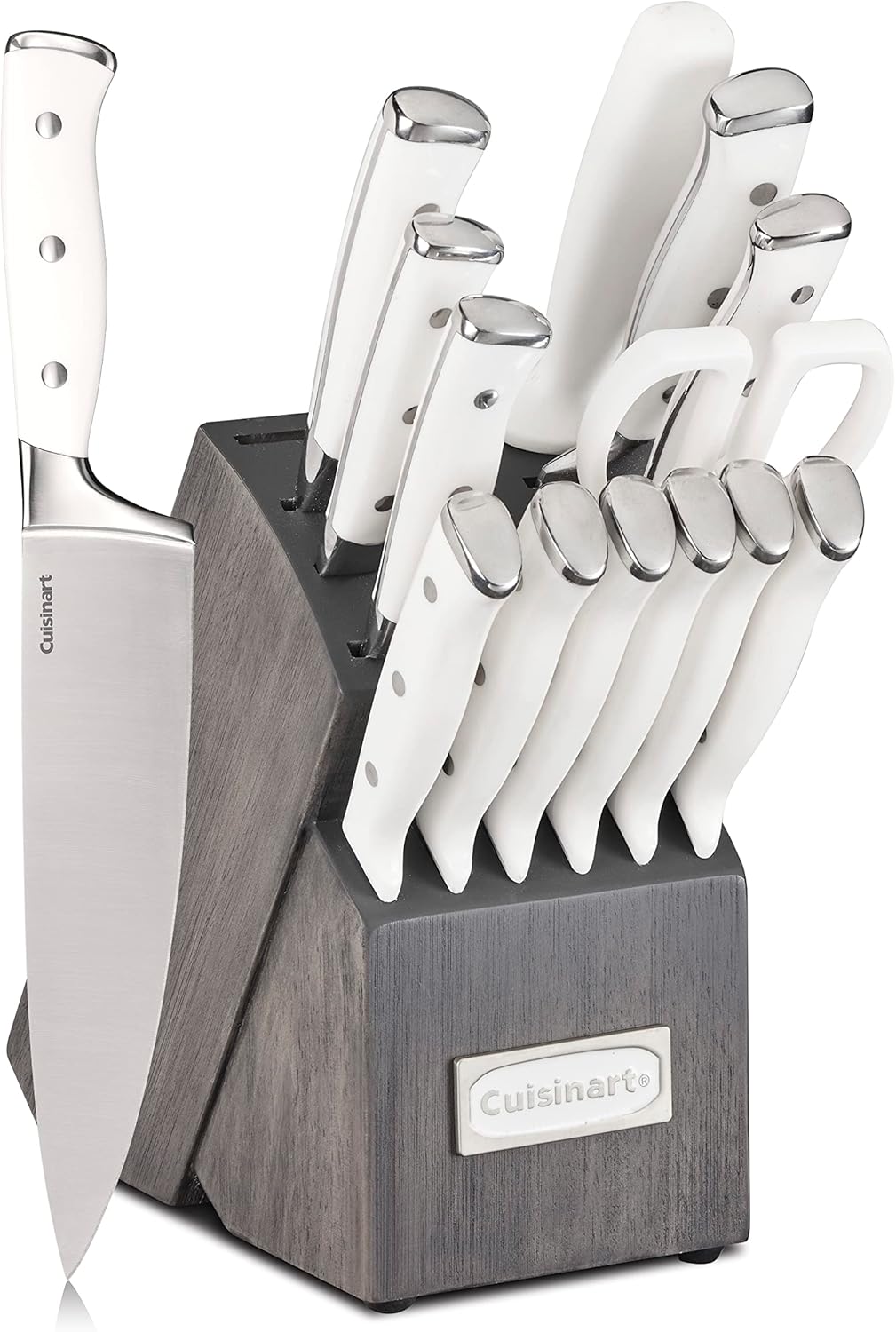 Cuisinart 15-Piece Knife Set with Block, High Carbon Stainless Steel, Forged Triple Rivet, White/Charcoal Gray C77WTR-15PCG