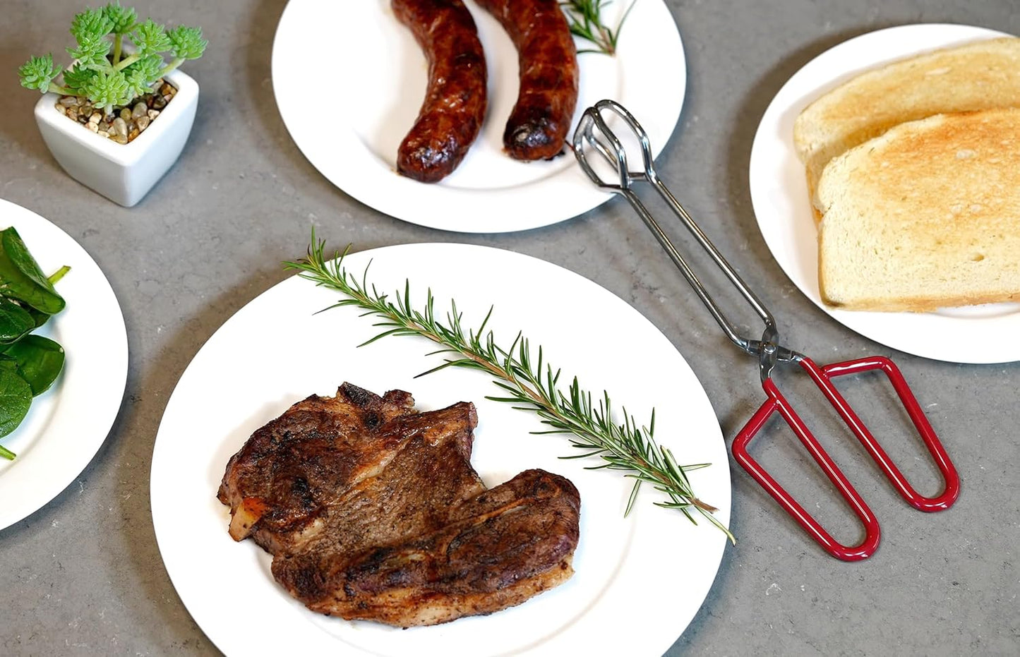 10-Inch Heavy Duty Stainless Steel Kitchen Tongs - Non-Slip Comfortable Red Grip, Scissor Design, Heat Resistant for BBQ and Cooking