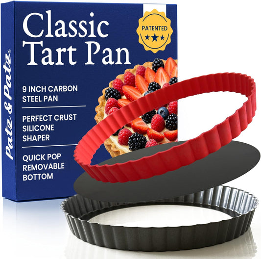 Patz&Patz Classic Tart Pan 9 Inch Removable Bottom with Patented Silicone Crust Shaper | Nonstick Carbon Steel Quiche Baking Dish, Fruit Tart Molds for Baking, Quiche Pan & Pie Mold - PFOA & PTFE-Free