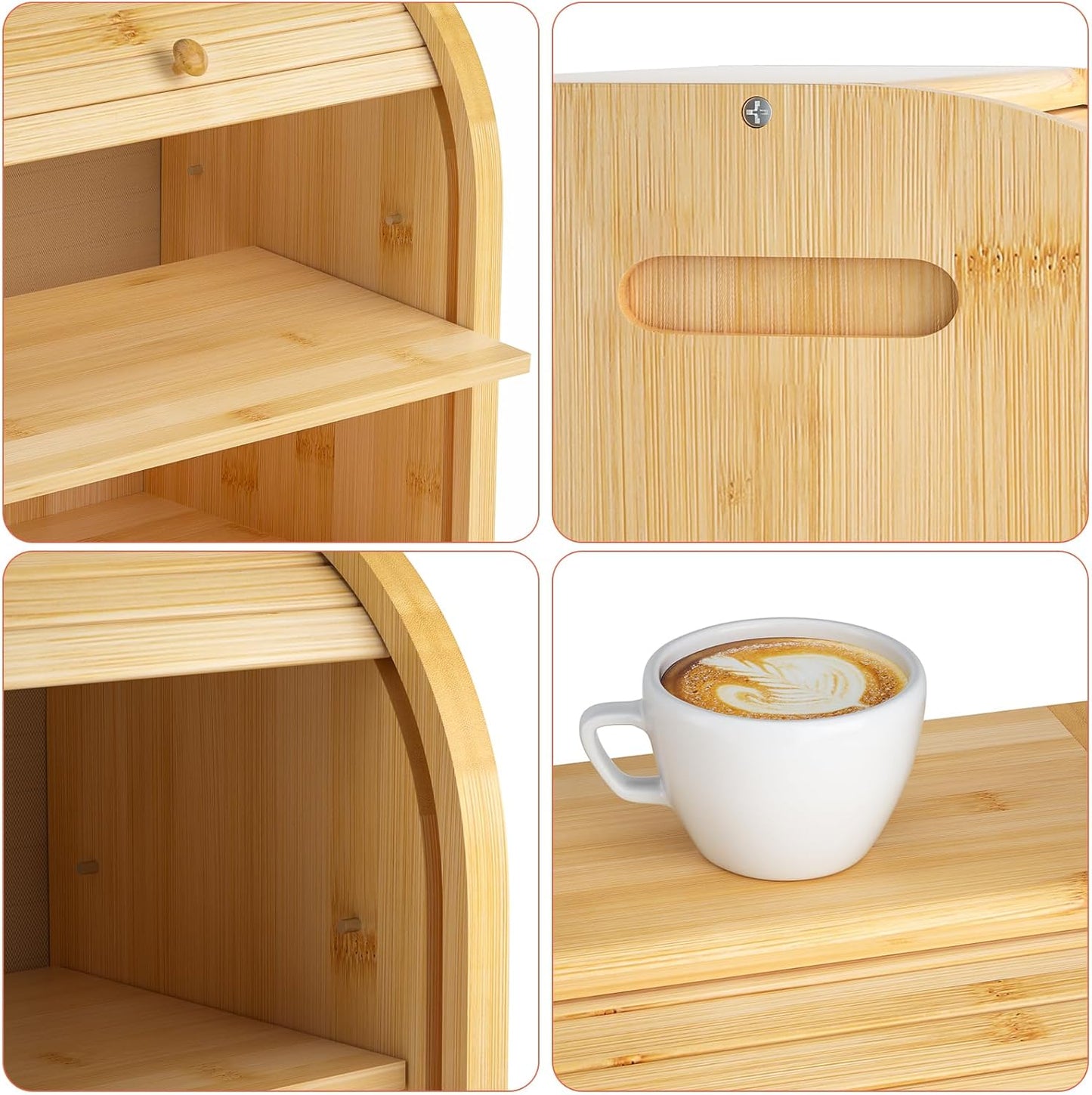 G.a HOMEFAVOR Roll Top Bread Box for Kitchen Counter, Large 2-Tier Bamboo Bread Storage Container, Bread Holder Food Bin for Countertop, Self-Assembly