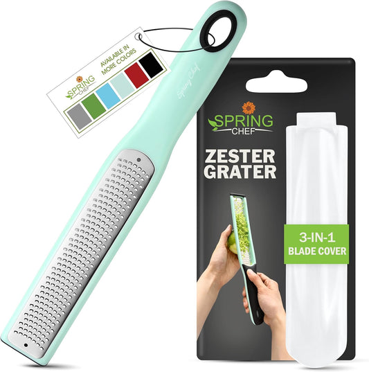 Spring Chef Premium Lemon Zester Grater with Handle - Fruit, Garlic, Lime, Orange, Nutmeg, Garlic Grater - Heavy Duty Kitchen Tool - Stainless Steel Citrus Zester with Blade Cover - Fine Shred, Mint