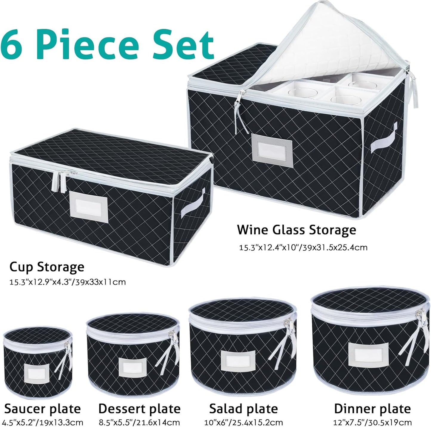 VERONLY China Dinnerware Storage Containers Set- Dish,Mug,Stemware Storage Cases - Quilted Box Bins Stackable with Divider,handles,Clear Window for Cups,Plates,Wine Glasses Moving Set of 6 (Black)