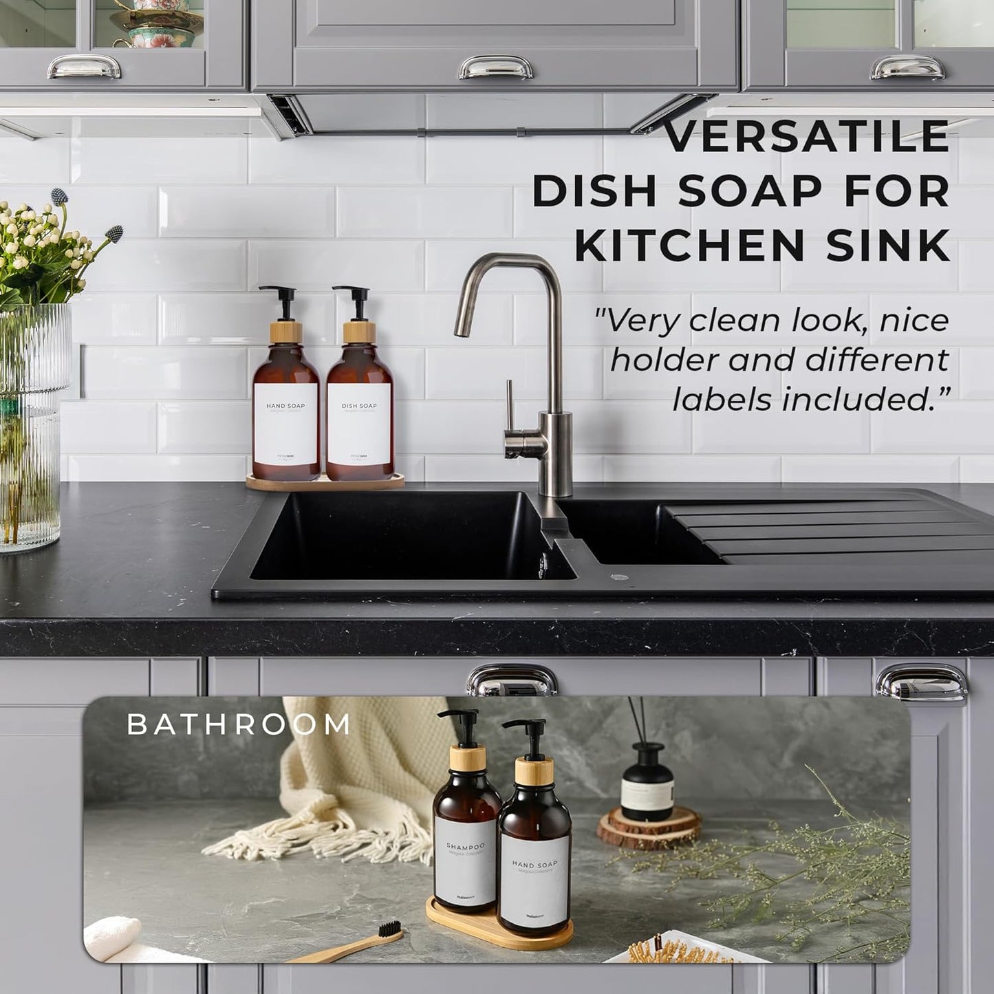 Maisonovo Plastic Soap Dispenser Set | Hand Soap and Dish Soap Dispenser Set | 16.9oz Amber Bottles with Black Bamboo Pump | Bathroom Lotion Dispenser with Pump Set of 2