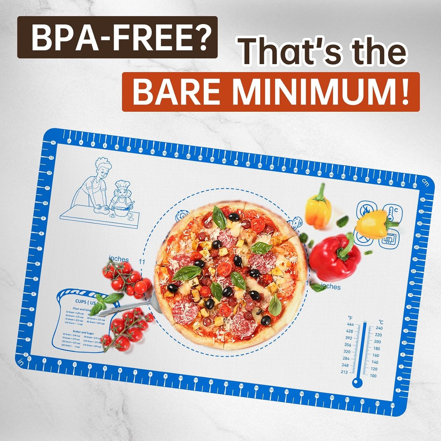 Silicone Baking Mat with 10 Useful Recipes, Silicone Mat for Baking,Cookie, Macaron, Pizza, Surdough,Silicone Sheet for Dough Rolling out, ExtraLarge and 480°F Oven Safe