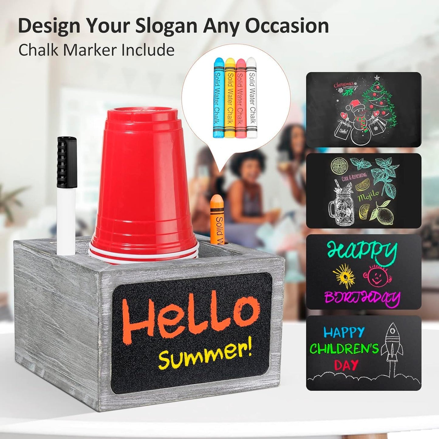 Wooden Cup Holder - Party Cup Holder with Marker Slot, with Chalkboard for Party and Wedding, Rustic Cup Holder for Countertop, Grey