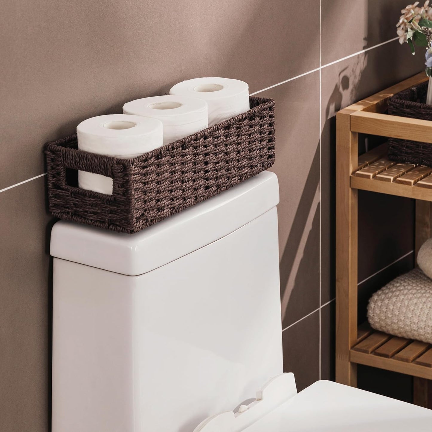 UBBCARE Toilet Tank Basket for Bathroom, Hand Woven Paper Wicker Basket for Organizing, Countertop Decorative Storage Basket with Handles, 2-Pack, Dark Brown