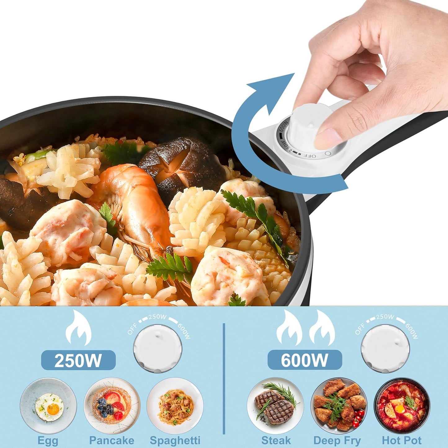 Dezin Hot Pot Electric with Steamer Upgraded, Non-Stick Sauté Pan, Rapid Noodles Electric Pot, 1.5L Mini Pot for Steak, Egg, Fried Rice, Ramen, Oatmeal, Soup with Power Adjustment