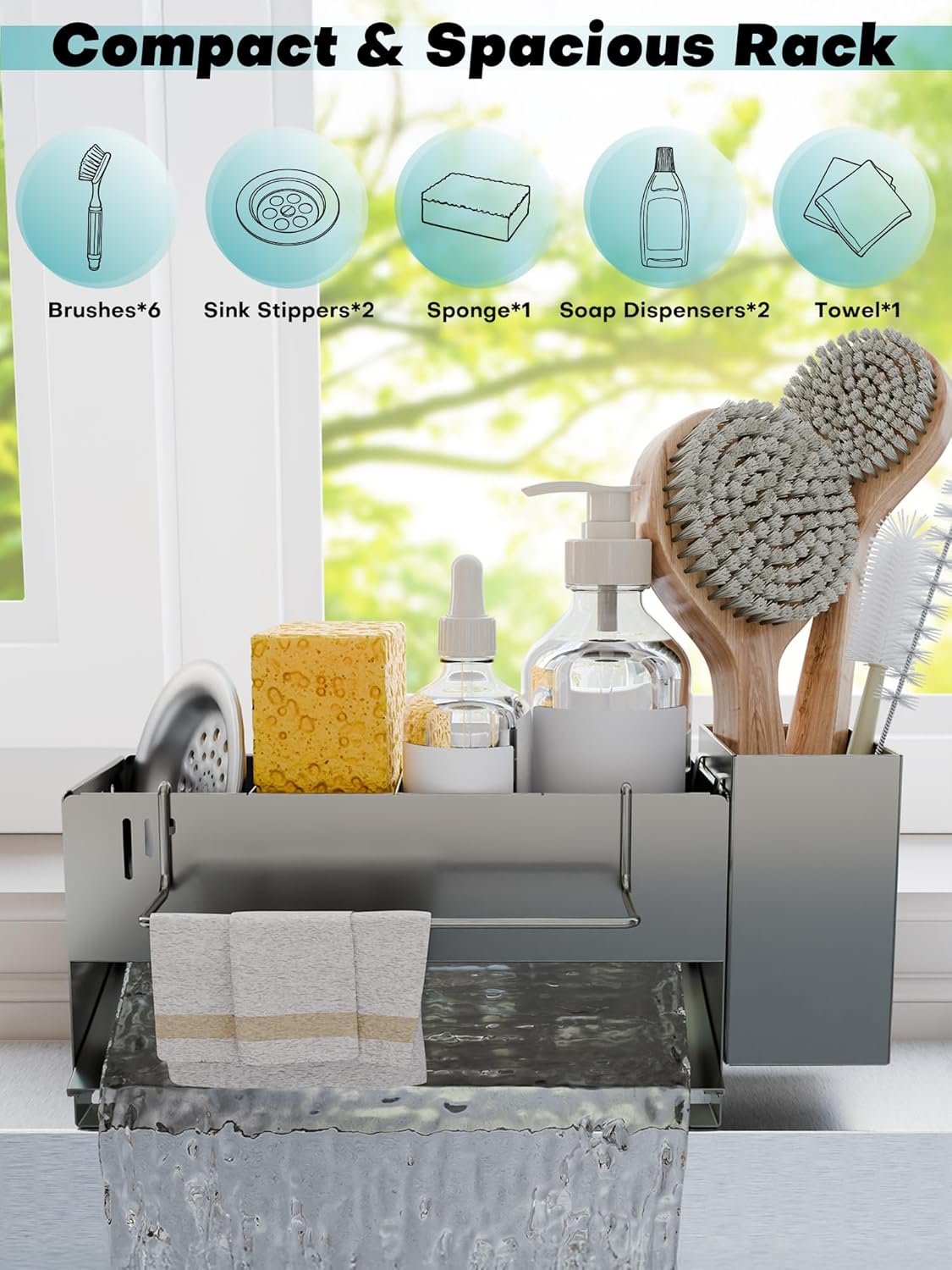 Sponge Holder for Kitchen Sink, Space-Saving Sink Caddy with Brush Holder, Kitchen Countertop Organizers and Storage Essentials