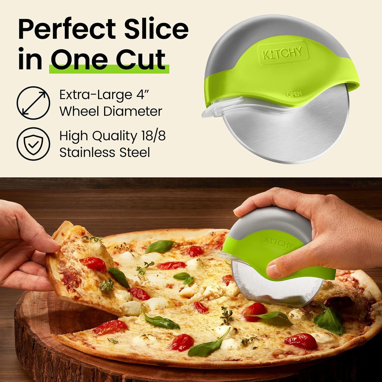 Kitchy Pizza Cutter Wheel with Protective Blade Cover, Ergonomic Pizza Slicer (Green)