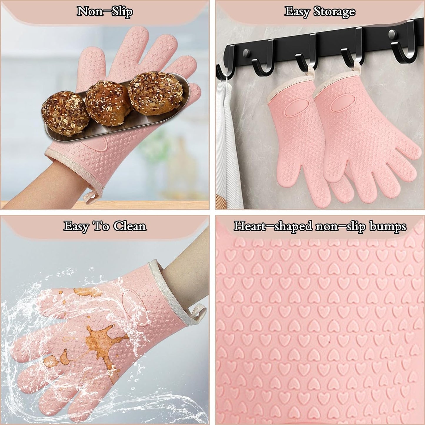 Oven Mitts with Fingers, Heat Resistant 500°F, Waterproof & Non-Slip Kitchen Gloves for Baking, Grilling, Cooking.5-Finger Design with Soft Lining, Hanging Hook,Pink