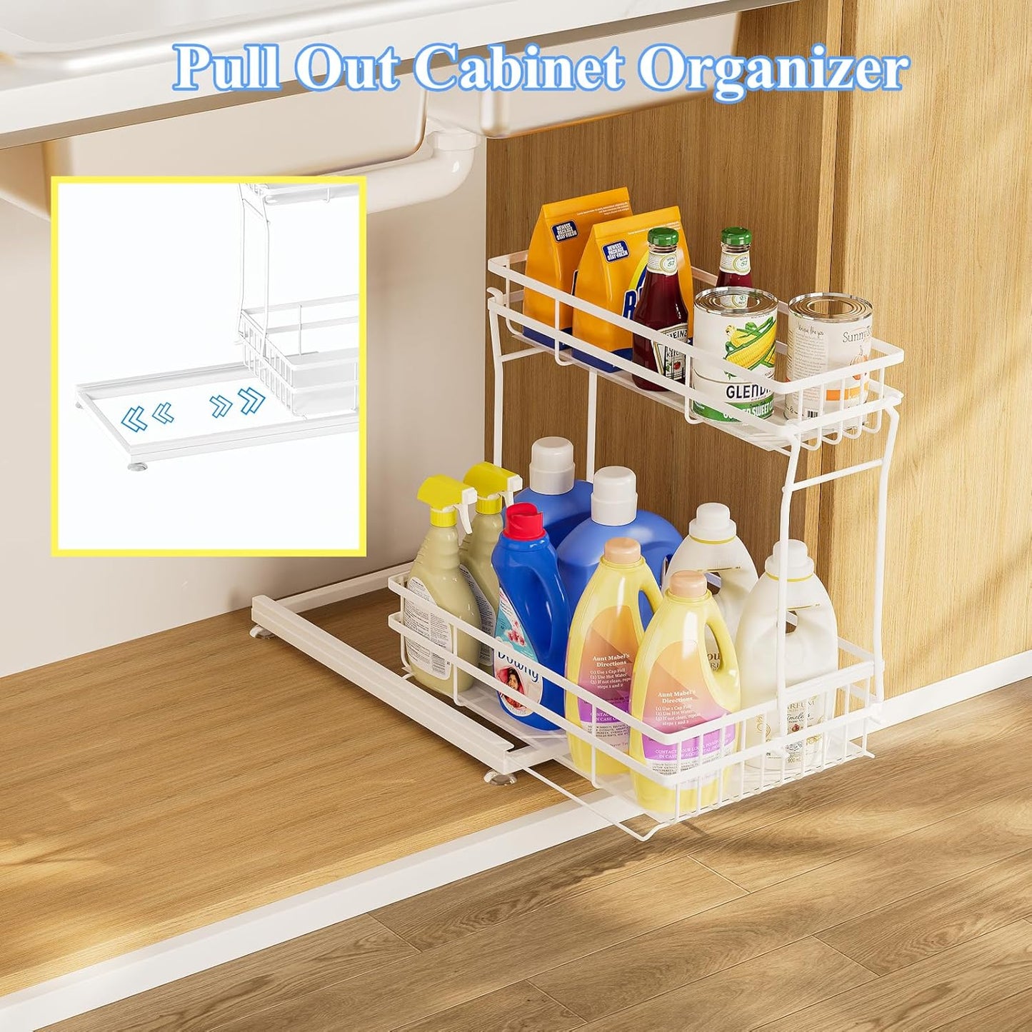 1 Pack Under Sink Organizers and Storage, 2 Tier Pull Out Cabinet Organizer, Metal Sliding Drawer Storage for Kitchen Bathroom，White