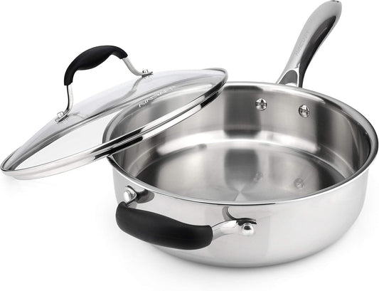 AVACRAFT 18/10 Tri-Ply Stainless Steel Saute Pan with Lid, Helper Handle, Induction & Stovetop, Versatile Stainless Steel Skillet, Cookware (3.5 Quarts)