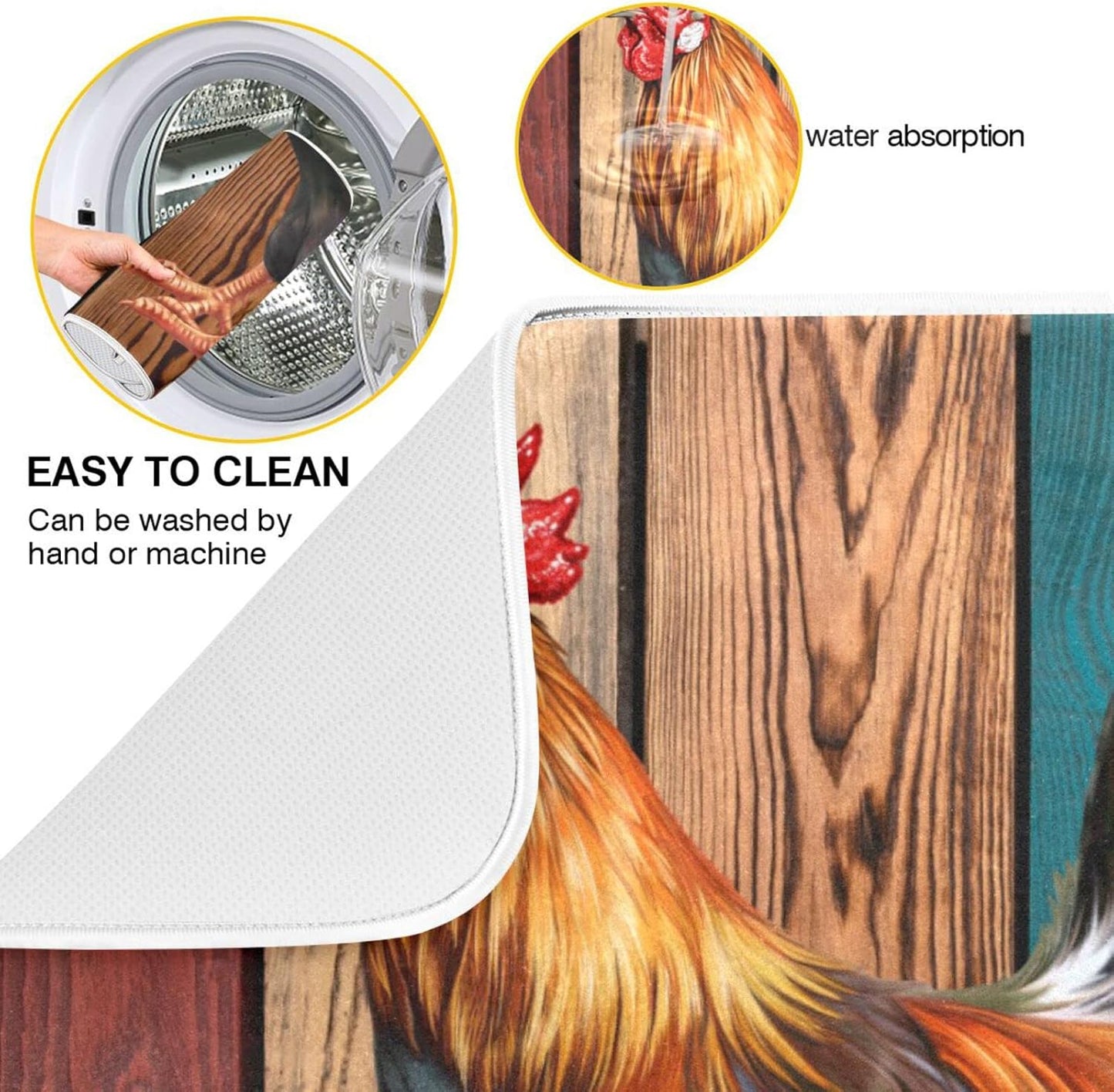 Rooster Dish Drying Mat for Kitchen Counter Farmhouse Absorbent Microfiber Drying Pad, Medium 16x18 in, Reversible Drainer Mats