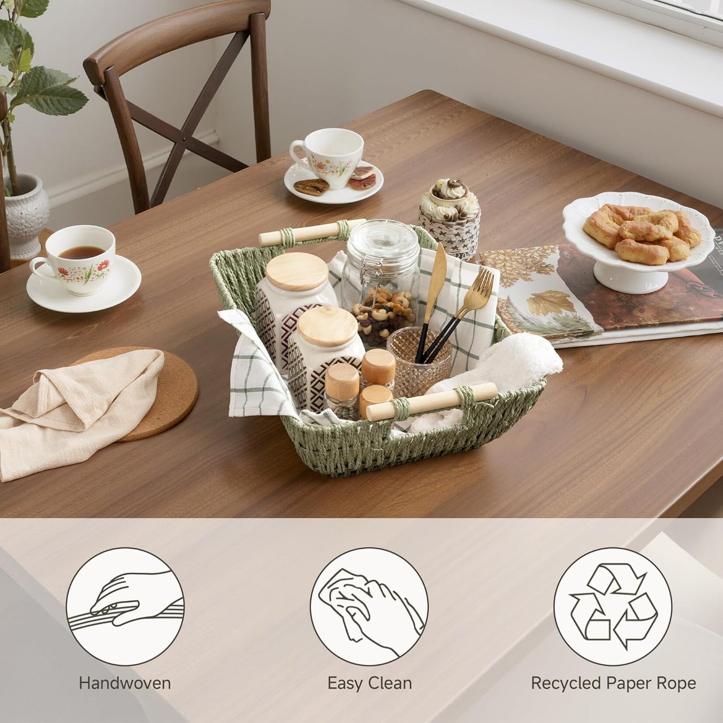 StorageWorks Extra Large Wicker Storage Basket for Organizing with Wooden Handles, Toilet Paper Baskets for Bathroom, Bosana Green, 2-Pack