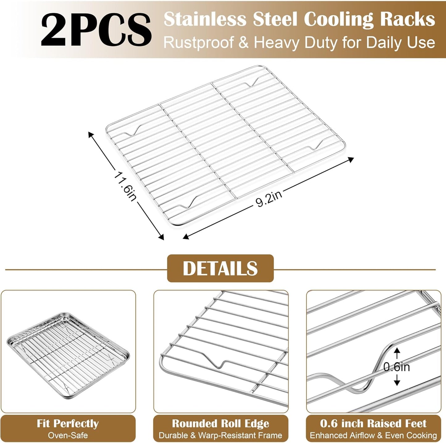 E-far Baking Sheet with Wire Rack (2 Pans + 2 Racks), Stainless Steel Cookie Sheets Pan & Cooling Rack for Baking Cookies Cake, Non Toxic & Heavy Duty, Oven & Dishwasher Safe, 12.4 x 9.7 x 1 Inch