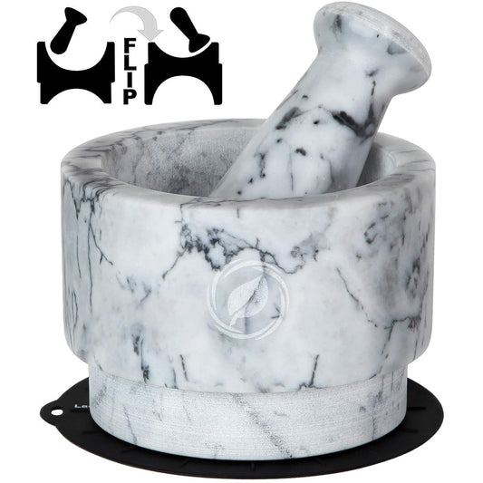 Laevo White Marble Mortar and Pestle Set - Heavy Duty Stone Spice Grinder - 2.1 Cup Capacity, 5.5-Inch Reversible Mortar and Pestle Set for Guacamole, Pesto, Spices - Large