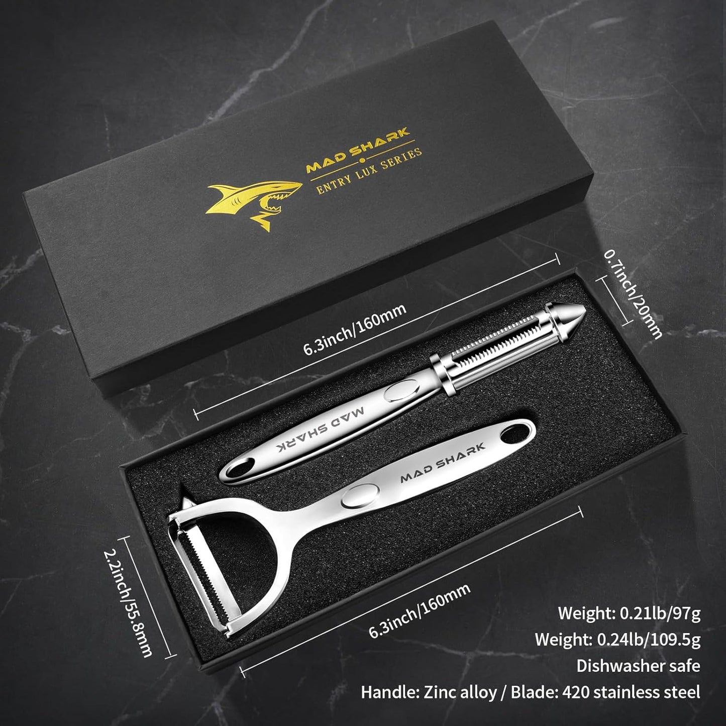 MAD SHARK Ultra Sharp Vegetable Peelers for Kitchen Fruit Apple Potato Peelers,Design with Ergonomic Non-Slip Handle, Y+I Shaped Stainless Steel Serrated(2pc）