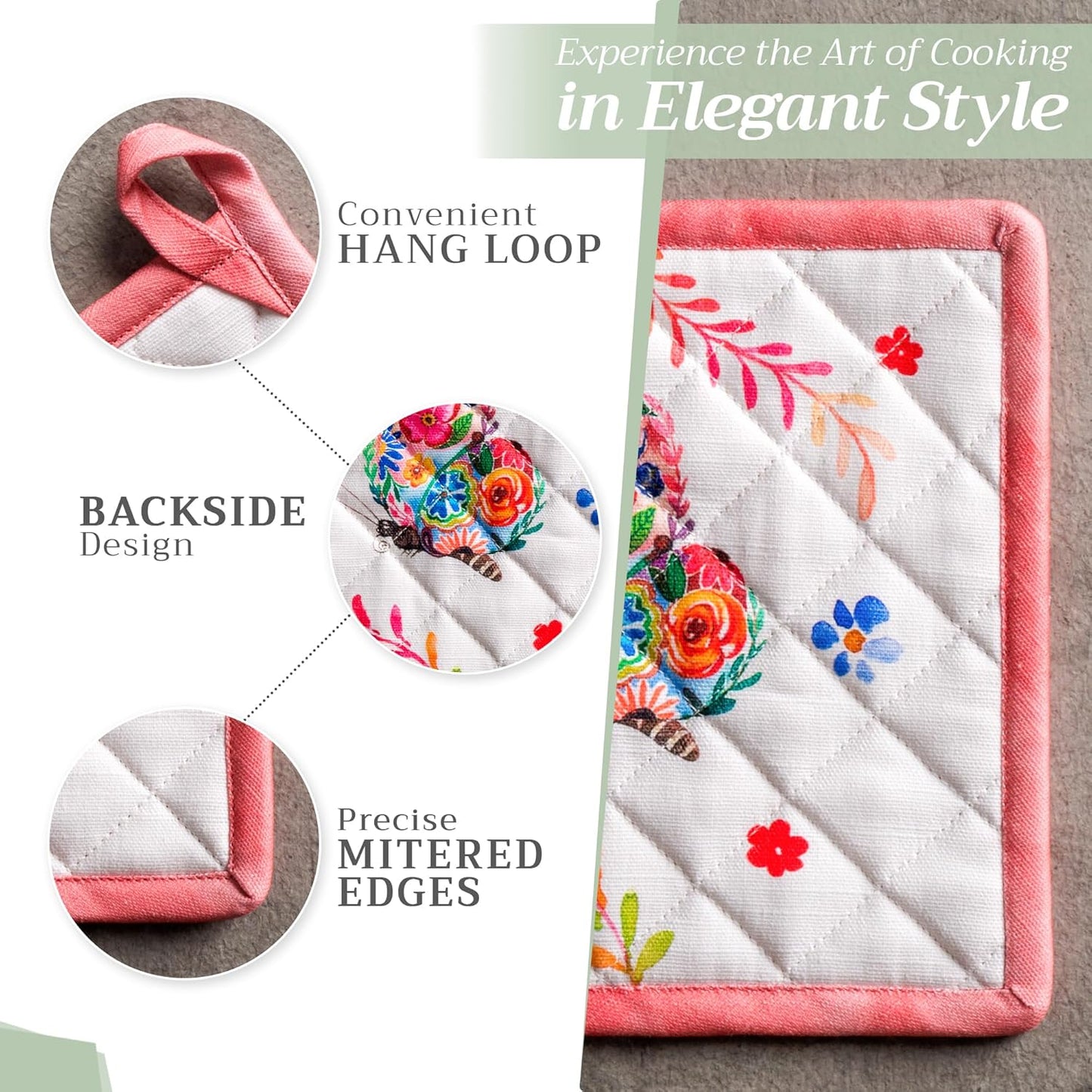 Maison d' Hermine 100% Cotton Oven Mitt & Pot Holder Set (7.5"x13" & 8"x8") Heat Resistant BBQ Cooking Gloves with Loop, Grilling, Kitchen, Handling Hot Pan Spring/Summer (Happy Florals - High Summer)