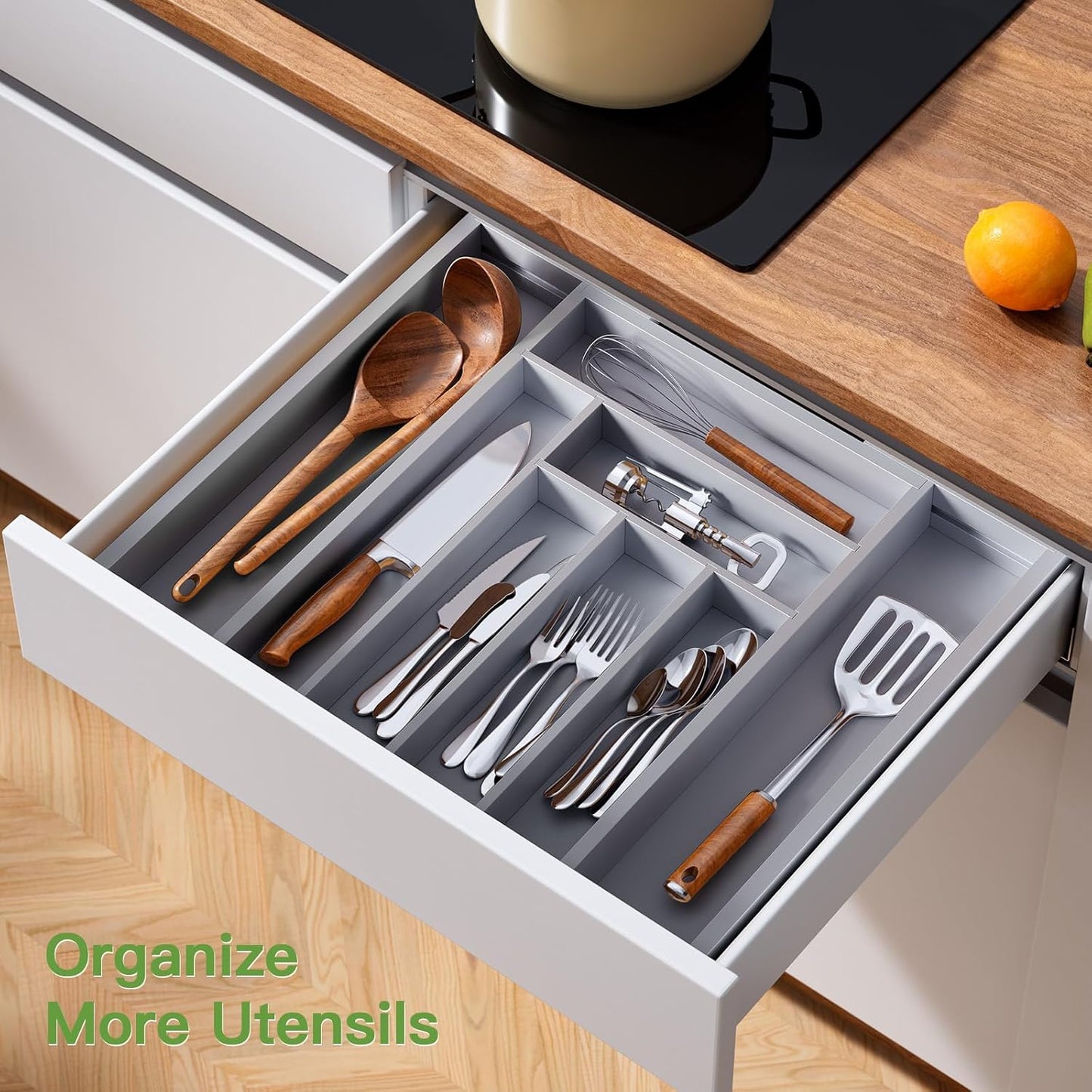 Pipishell Bamboo Expandable Drawer Organizer for Utensils Holder, Adjustable Cutlery Tray, Wood Drawer Dividers Organizer for Silverware, Flatware, Knives in Kitchen, Bedroom, Living Room(Grey)