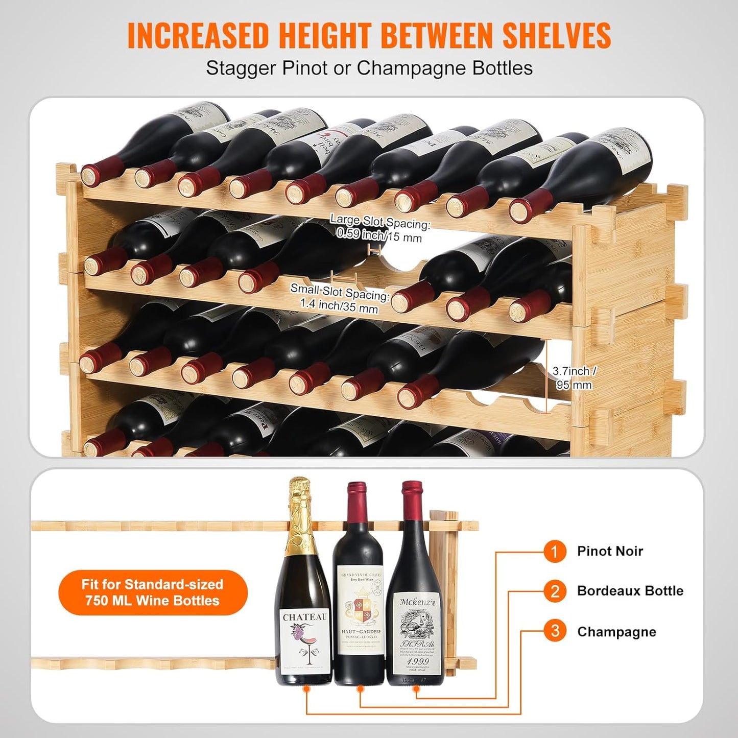 VEVOR 36 Bottle Stackable Modular Wine Rack, 4-Tier Solid Bamboo Wood Storage Racks, Floor Freestanding Wines Holder Display Shelf, Wobble-Free Shelves for Kitchen, Bar, and Cellar (Natural Color)