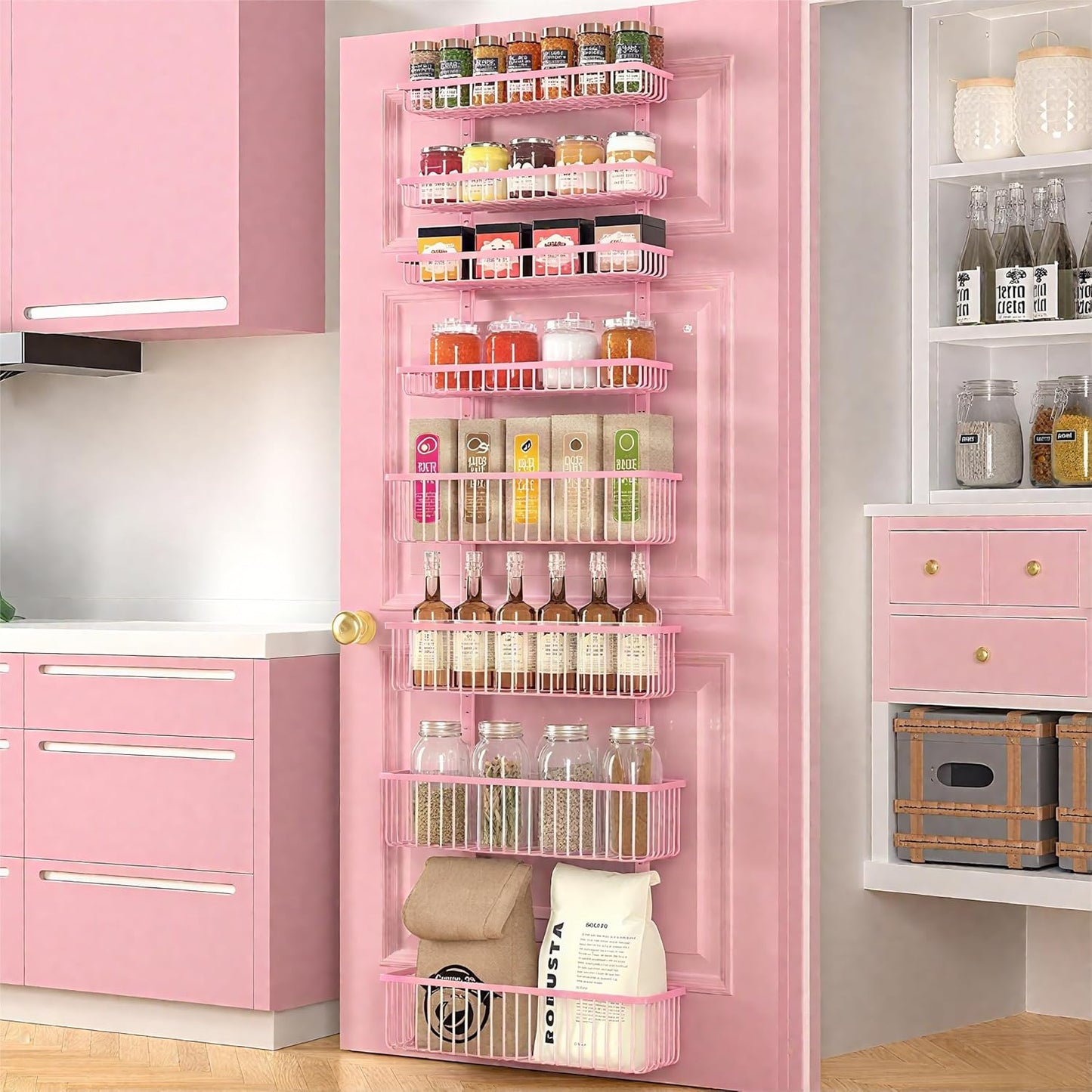 Moforoco Pink Over The Door Pantry Organizer, Pantry Door Organizer Shelves, Kitchen Organizers and Storage, Hanging Basket Wall Spice Rack Seasoning Shelves, Laundry Room Bathroom accessories