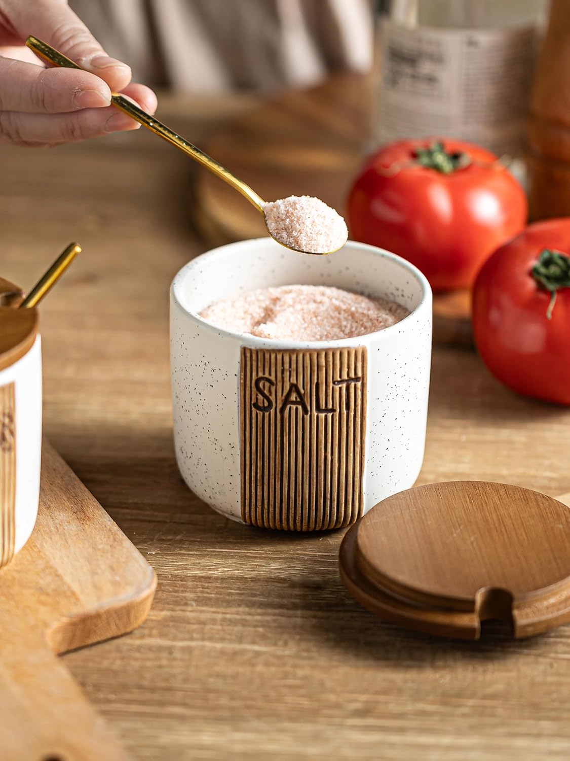 Salt Container for Countertop, Ceramic Salt Cellar with Lid and Spoons, 10 OZ Salt Bowl Holder, White