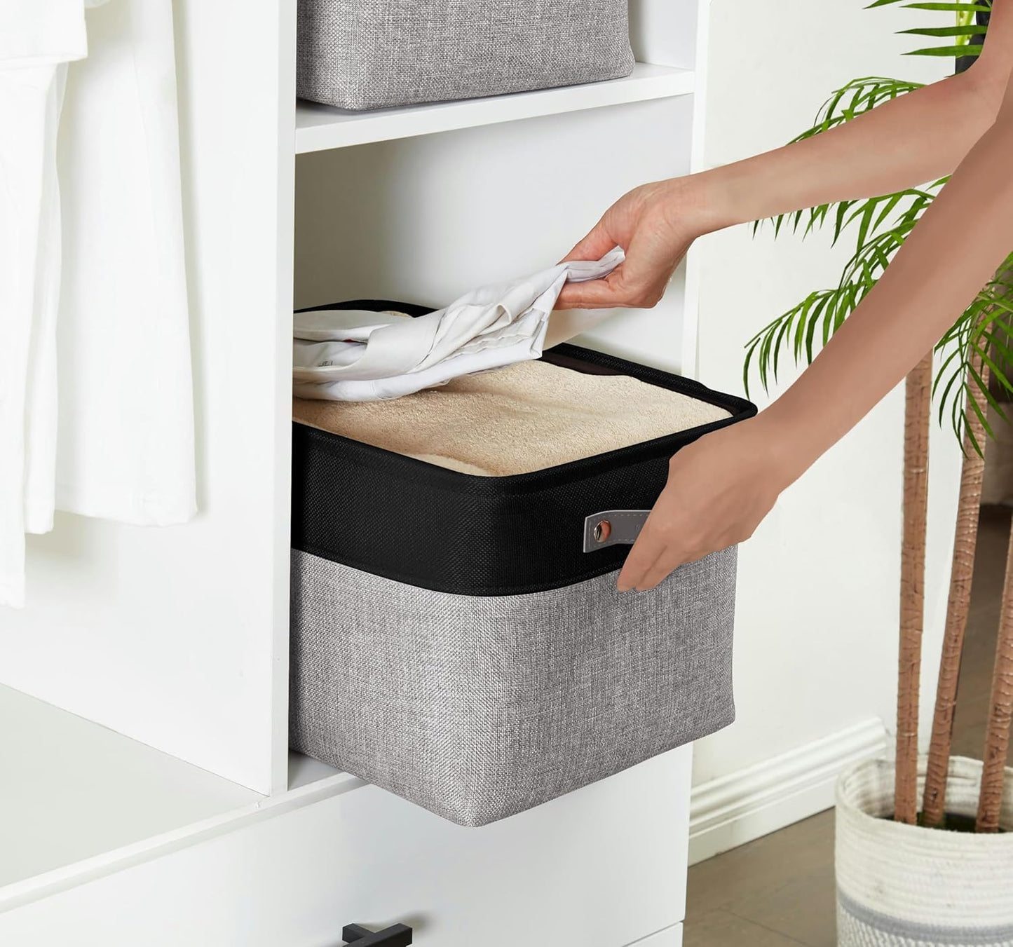 DECOMOMO Storage Baskets for Shelves - Fabric Storage Bins, Linen Closet Organizers and Storage (Grey & Black, XL - 3 Pack)