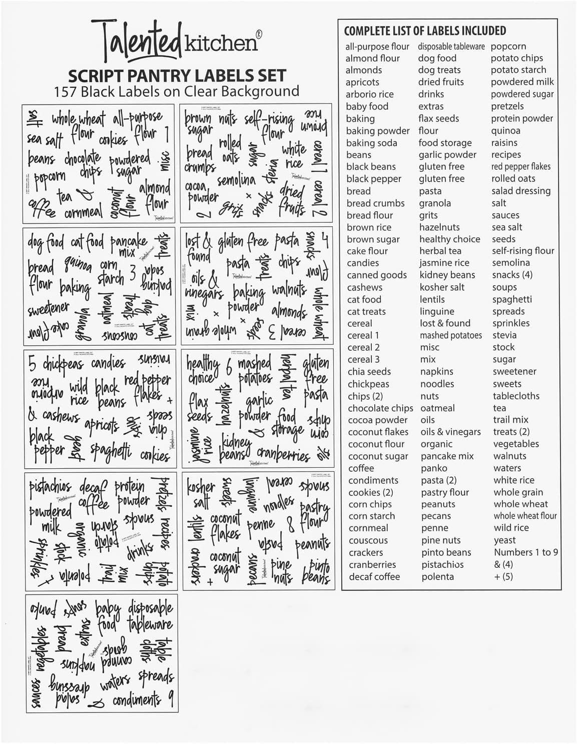 Talented Kitchen Pantry Labels for Food Containers 157 Piece - Preprinted Black Script Kitchen Food Organization Labels for Storage and Jars (Water-Resistant)