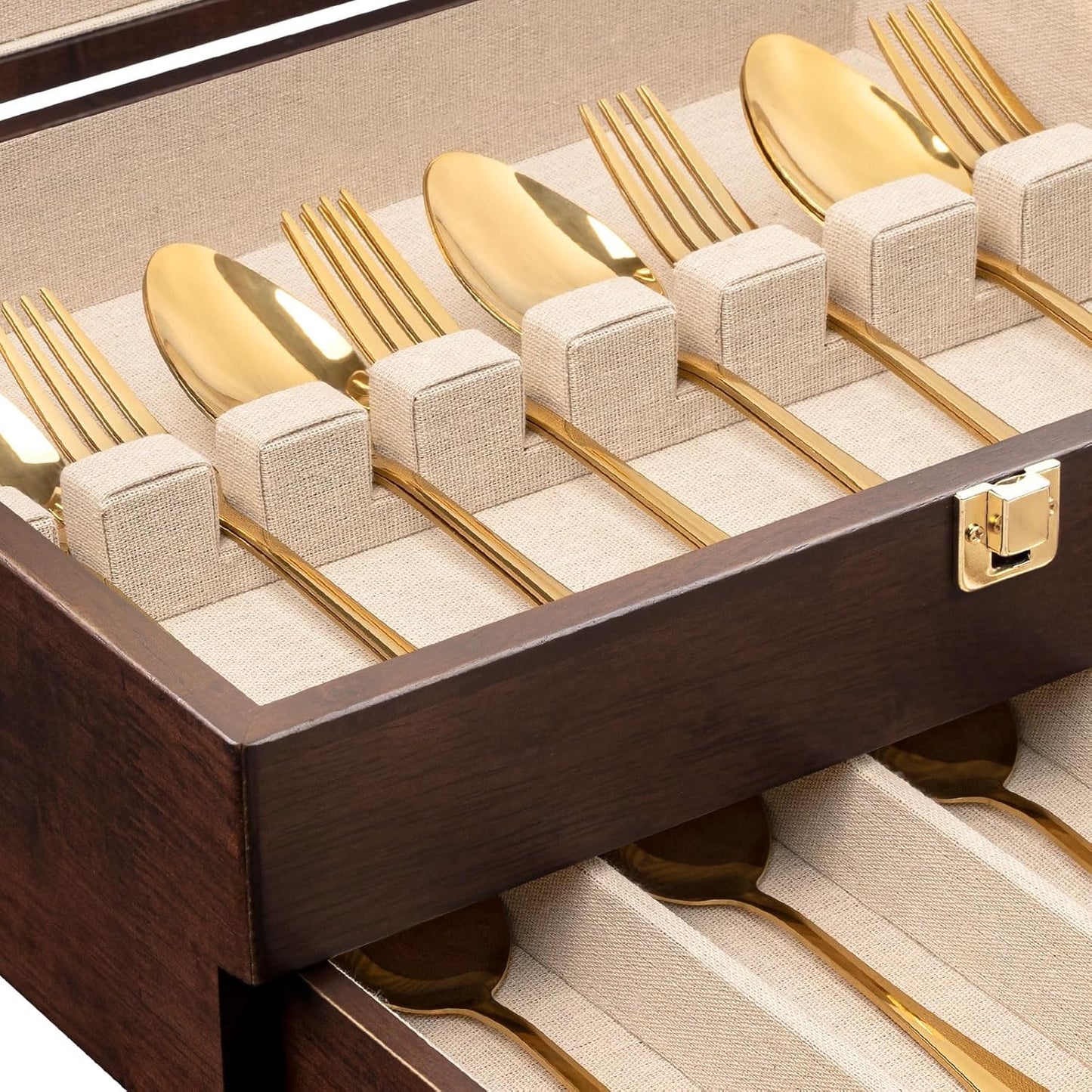 Silverware Storage Box, 2-Layer Flatware Storage Case with Drawer, Wooden Silverware Chest with Linen Liner, Rustic Silverware Case for Storing Fine Flatware and Utensils (Walnut)