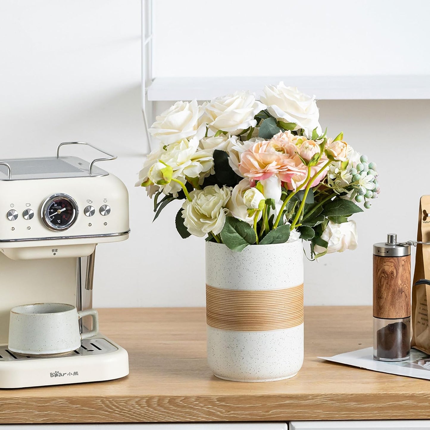 Large Storage Containers with Lids, Ceramic Coffee Container Kitchen Food Storage Jars for Spice Sugar Tea Bag, Stackable Decorative Jars for Counter, White & 61 fl.oz