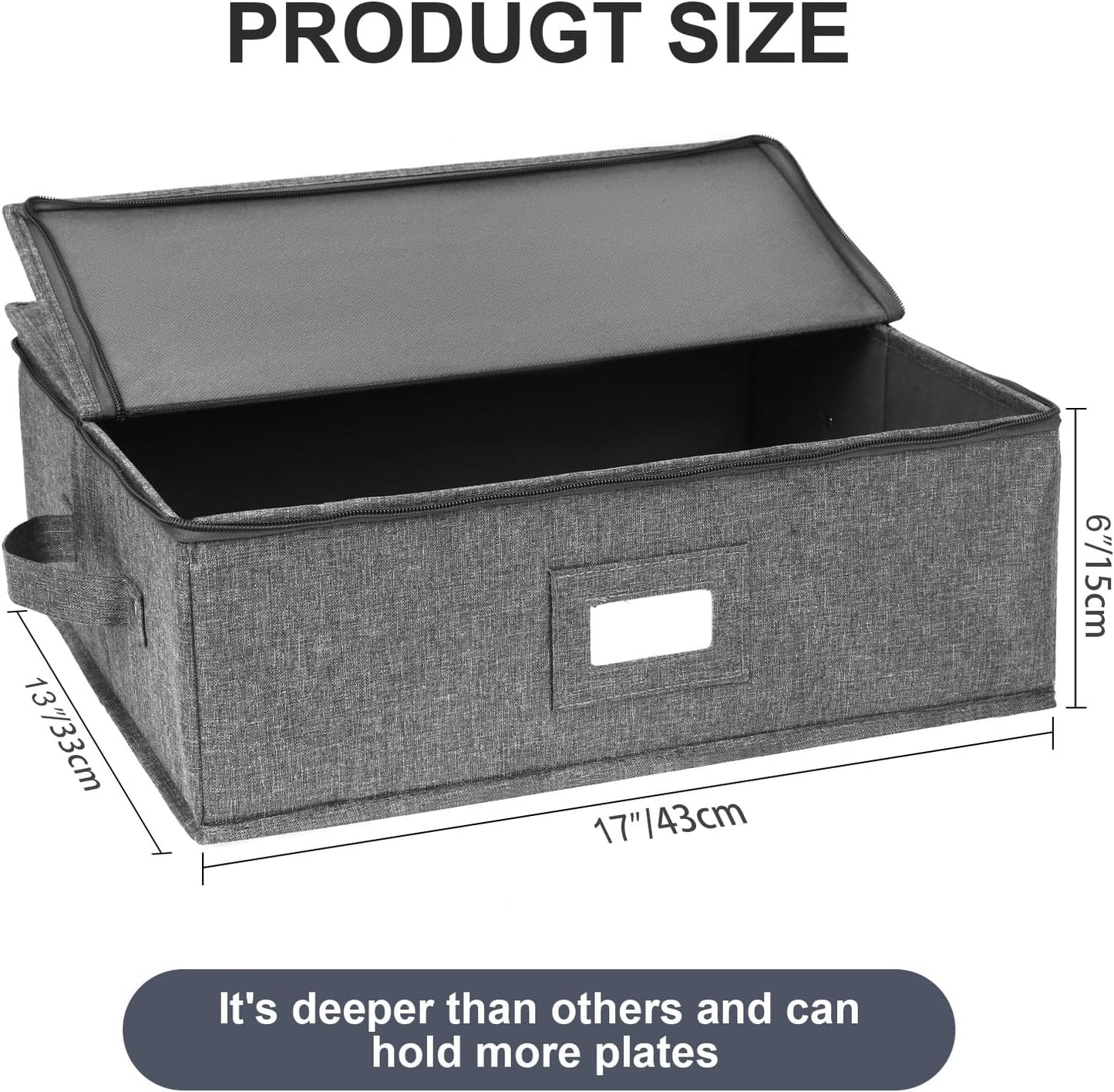 China Storage Containers Hard Shell 2 Pack, Platter Storage Case 17" x 13" x 6", 5 Felt Dividers Included, Structured Top and Stackable (Linen Grey)