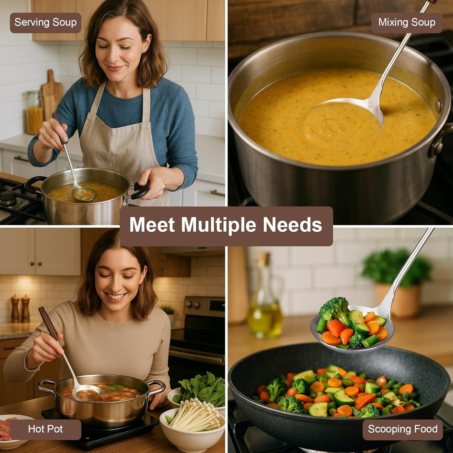 FJNATINH Soup Ladle, Stainless Steel Ladle with Heat Resistant Wooden Handle, Food Grade Metal Cooking Soup Spoon Kitchen Tools, Easy to Clean