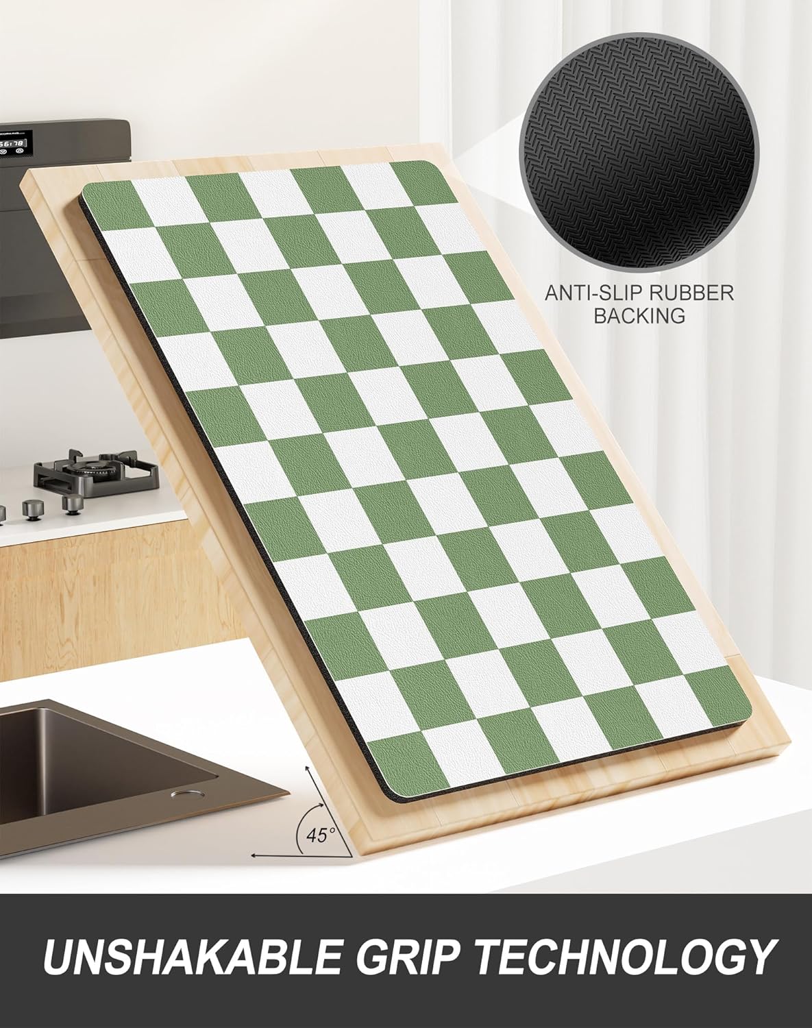 Rnivvi Dish Drying Mat for Kitchen Counter, 12 x 19" Cute Checkered Absorbent Draining Pad, Non-Slip Heat Resistant Coffee Bar Mats for Coffee Machine Station Accessories, Green White Dish Rack Pad