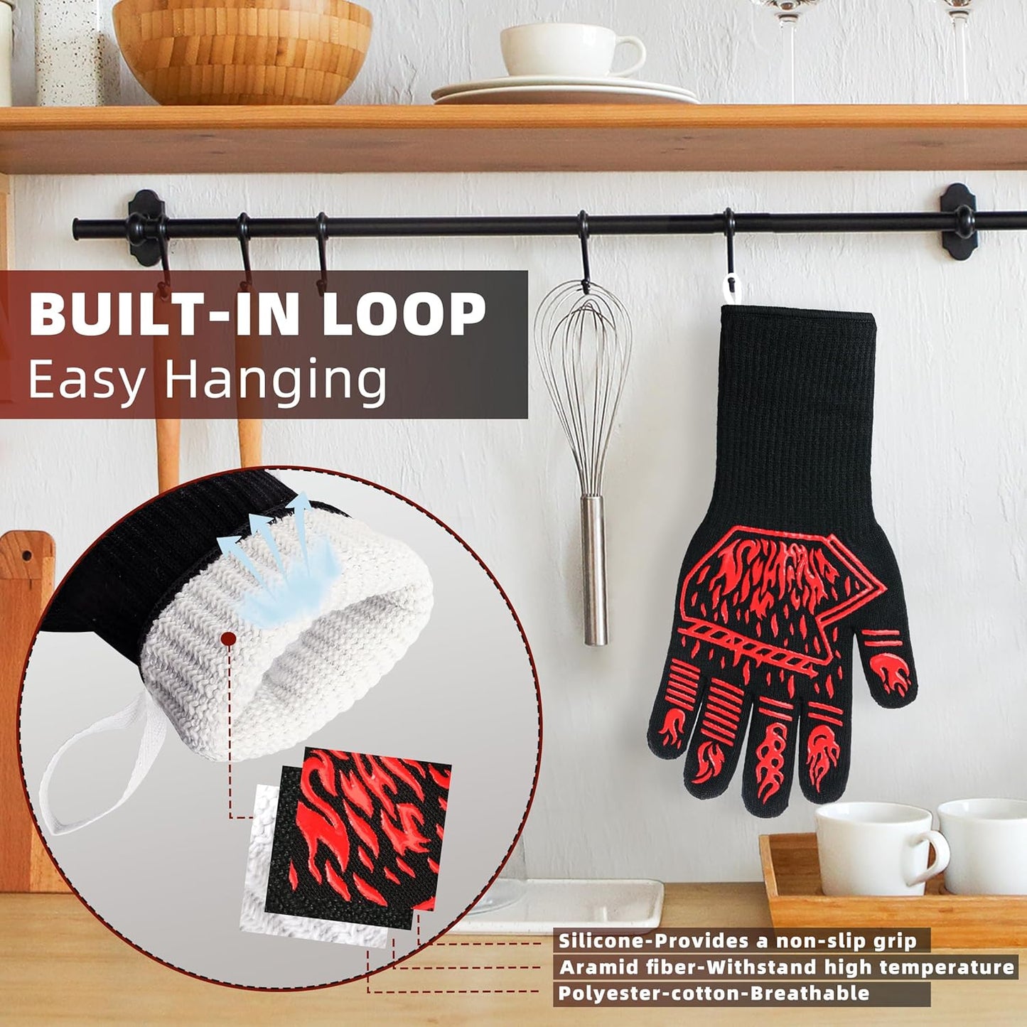 BBQ Gloves, 1472°F Heat-Resistant and Anti Slip Long Grilling Gloves, One Size Fits All, Gift Two Hooks, Excellent Hand and Wrist Protection in The Kitchen/Fireplace/Griddle/Smoker/Fire Pit