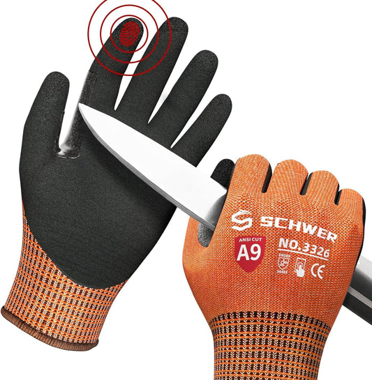 Schwer ProGuard Highest Level Cut Resistant Work Gloves PR3326 for Extreme Protection，ANSI A9 Cut Gloves with Reinforced Thumb, Non Slip, Breathable, Durable, Touch-screen, NON PFAS, Orange 1 Pair XL