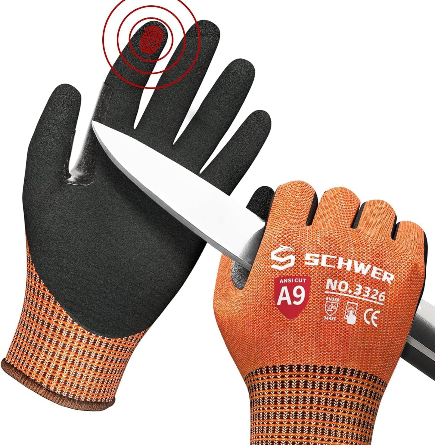 Schwer ProGuard Highest Level Cut Resistant Work Gloves PR3326 for Extreme Protection，ANSI A9 Cut Gloves with Reinforced Thumb, Non Slip, Non PFAS, Durable, Touch-screen, Orange 2 Pairs（L）