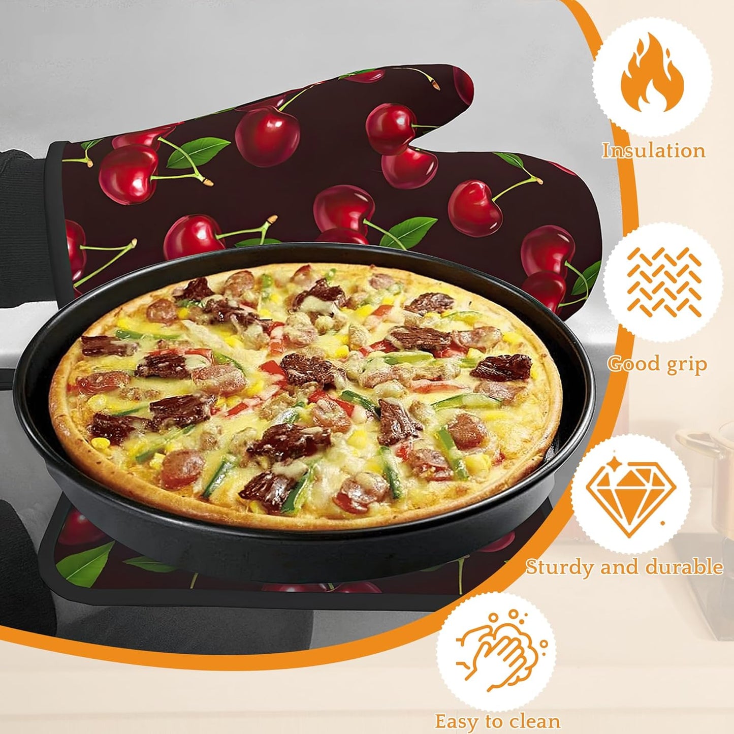 Cherry Oven Mitts and Pot Holders Set,Red Kitchen Decor Heat Resistant Non Slip Hot Pads and Oven Mitt for Chef Cooking Baking BBQ Mom Girl Gifts(4 Piece Set)