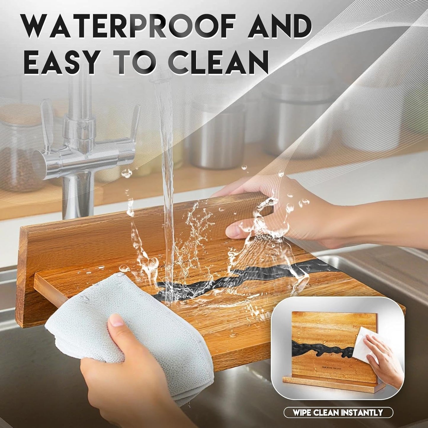 MEN WITH THE POT 13 x 10 Inches Magnetic Knife Block, Double Sided Powerful Wood & Black Flow Pattern Magnetic Kitchen Knives Holder Stand, Knife Storage Organizer for Kitchen Counter (Without Knives)