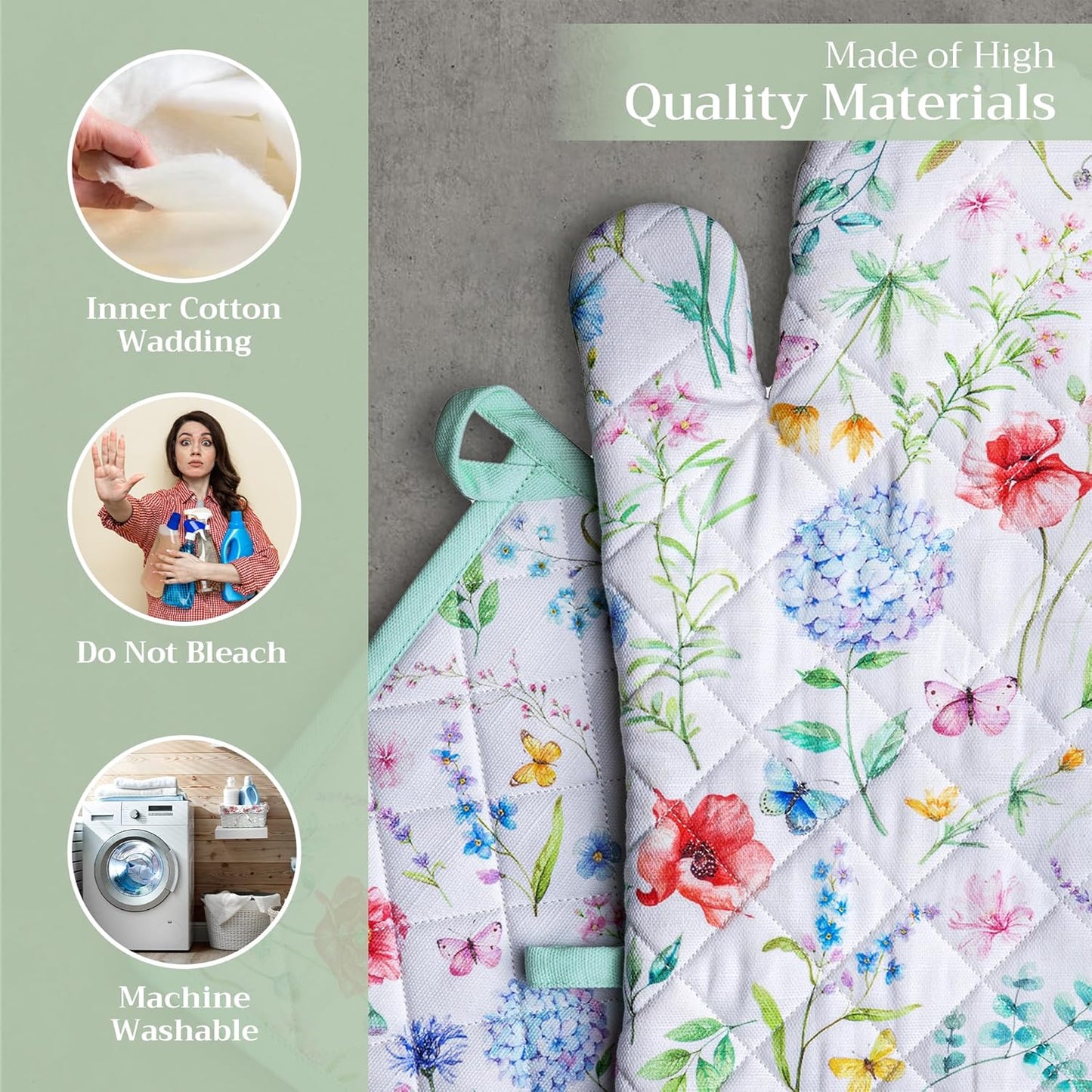 Maison d' Hermine 100% Cotton Oven Mitt & Pot Holder Set (7.5"x13" & 8"x8") Heat Resistant BBQ Cooking Gloves with Loop, Baking, Grilling, Kitchen, Handling Hot Pans Spring/Summer (Just Floral)