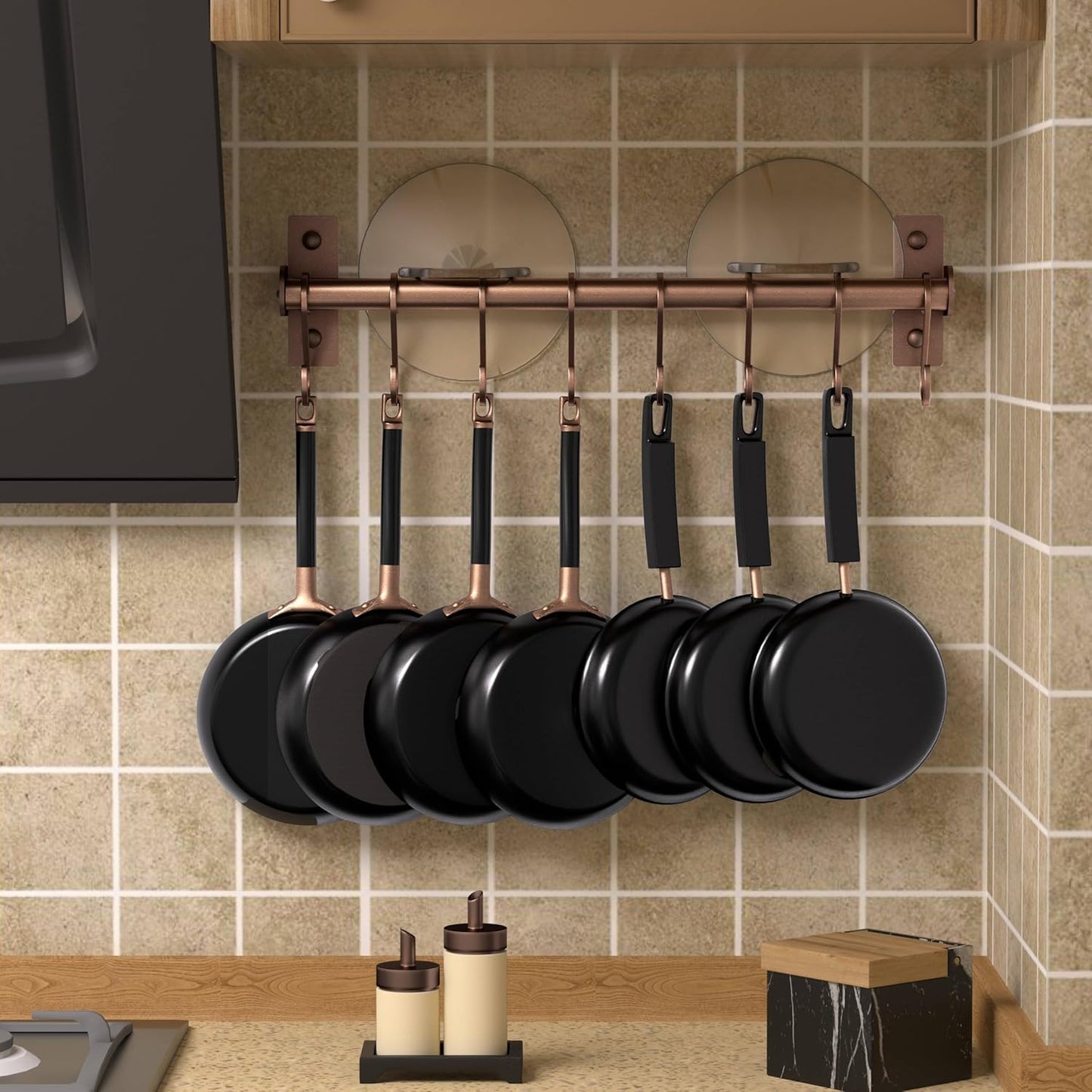 Dseap Kitchen Utensil Holder Hanger, Pot and Pan Rack Wall Mounted, Kitchen Rail with 8 Hooks for Hanging Cooking Utensils, Mugs, Spoons, Wall Mounted, Antique Copper, Pack of 2